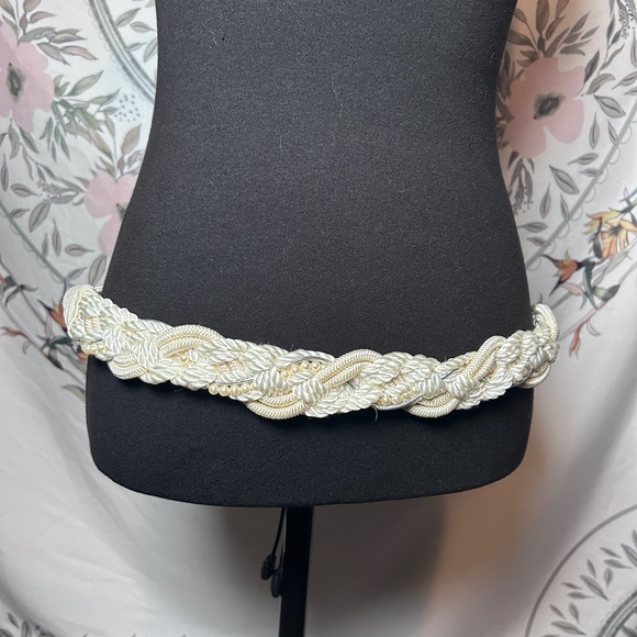 Vintage Accessories - Vintage 80s Ivory Braided Rope Belt | Pearl Accent Statement Waist Belt